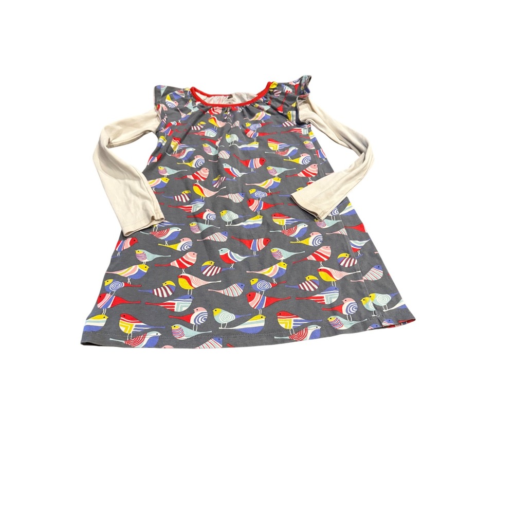 Tea Collection Girls Bird Print Long Sleeve Dress‎ Size 5 Red Trim Gray